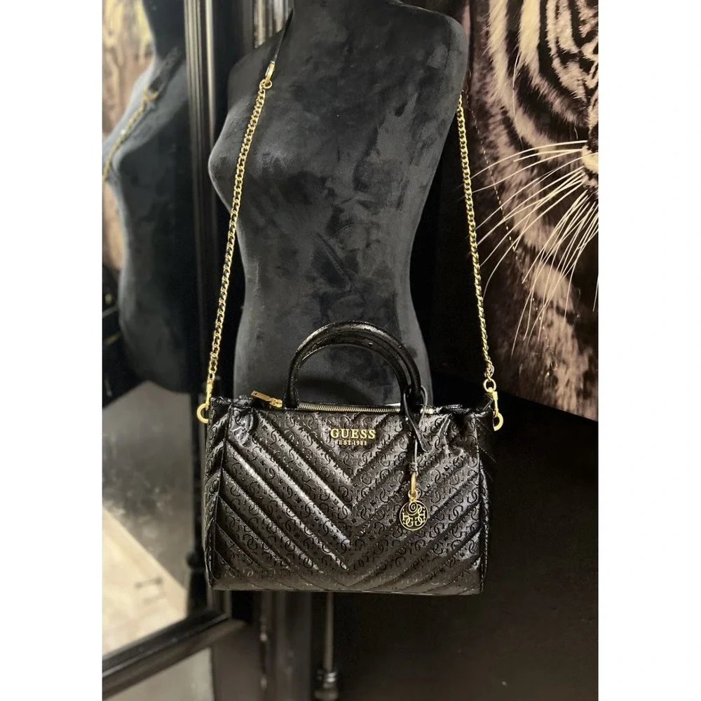 Guess Jania Society Quilted‎ Medium Satchel Crossbody Black Logo Embossed NEW